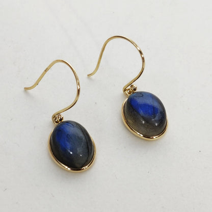 14K Gold Labradorite Earrings, Natural Labradorite Bezel Earrings, 14K Solid Yellow Gold Earrings, November Birthstone, Drop Earrings