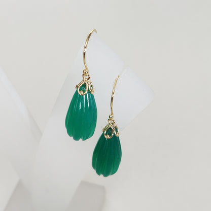 14K Gold Green Onyx Earrings, Natural Green Onyx Fancy Earrings, 14K Solid Yellow Gold Onyx Earrings, May Birthstone, Drop Earrings