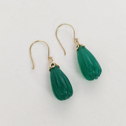 14K Gold Green Onyx Earrings, Natural Green Onyx Fancy Earrings, 14K Solid Yellow Gold Onyx Earrings, May Birthstone, Drop Earrings