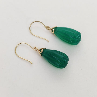 14K Gold Green Onyx Earrings, Natural Green Onyx Fancy Earrings, 14K Solid Yellow Gold Onyx Earrings, May Birthstone, Drop Earrings