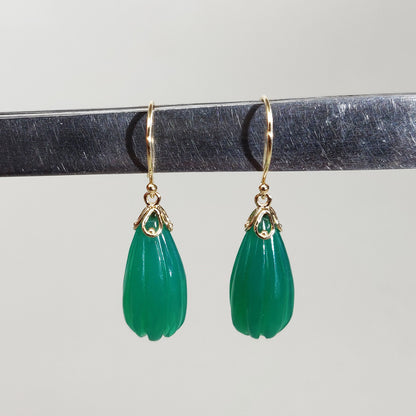 14K Gold Green Onyx Earrings, Natural Green Onyx Fancy Earrings, 14K Solid Yellow Gold Onyx Earrings, May Birthstone, Drop Earrings