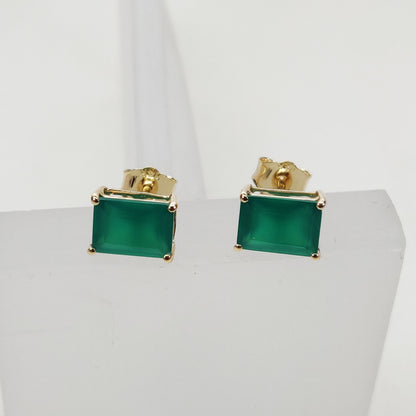 14k Yellow Gold Green Onyx Studs Earrings, Natural Green Onyx Studs Earrings, 14kt Solid Gold Jewelry, May Birthstone, Christmas Gift