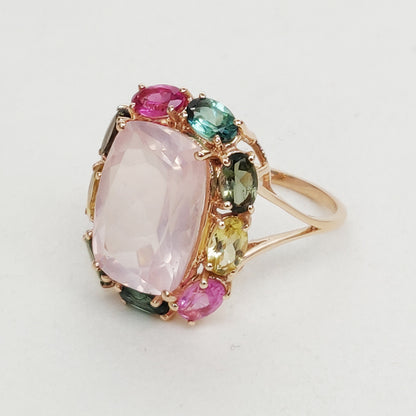 Natural Rose Quartz Ring, 14K Solid Yellow Gold Rose Quartz With Multi Tourmaline Ring, January Birthstone Ring, Prong Ring, Oval Ring,