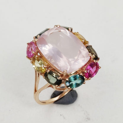 Natural Rose Quartz Ring, 14K Solid Yellow Gold Rose Quartz With Multi Tourmaline Ring, January Birthstone Ring, Prong Ring, Oval Ring,