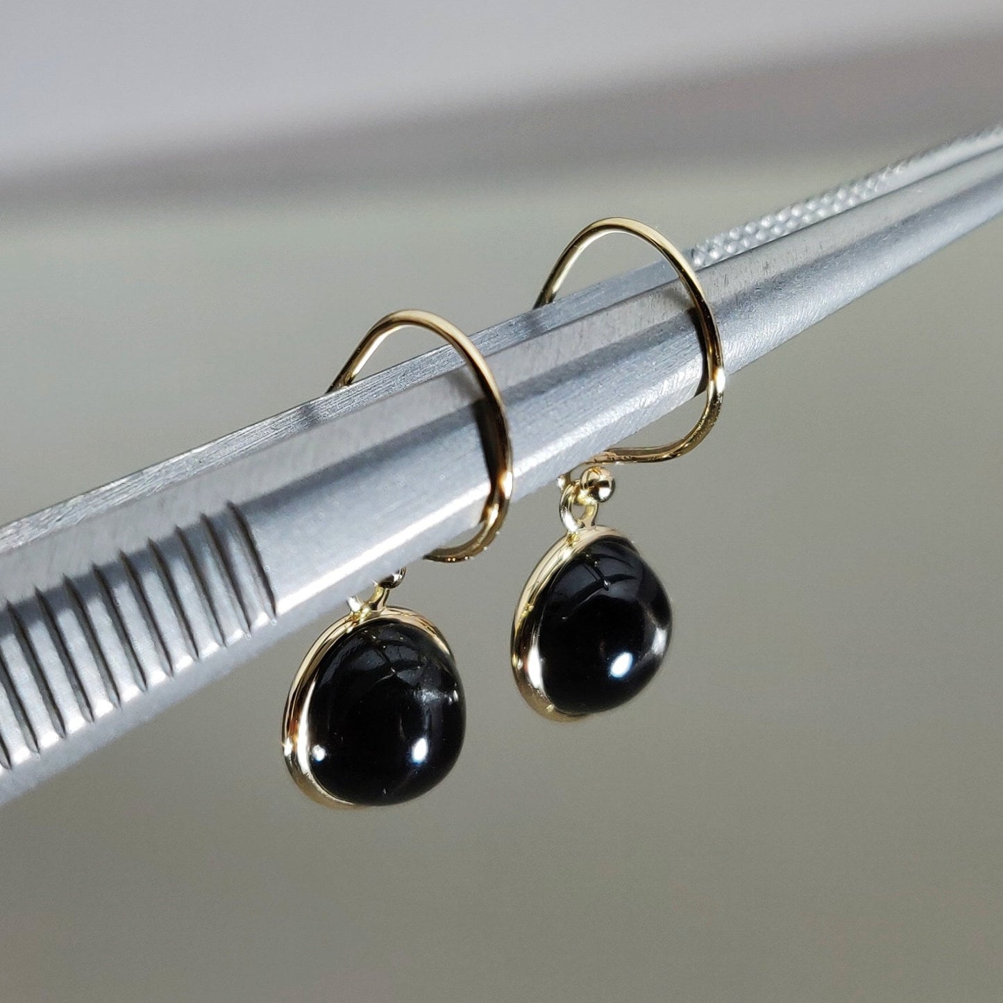 Natural Black Star Earrings, 14K Solid Yellow Gold Black Star Earrings, Bezel Earrings, September Birthstone, Drop Earrings, Birthday Gift