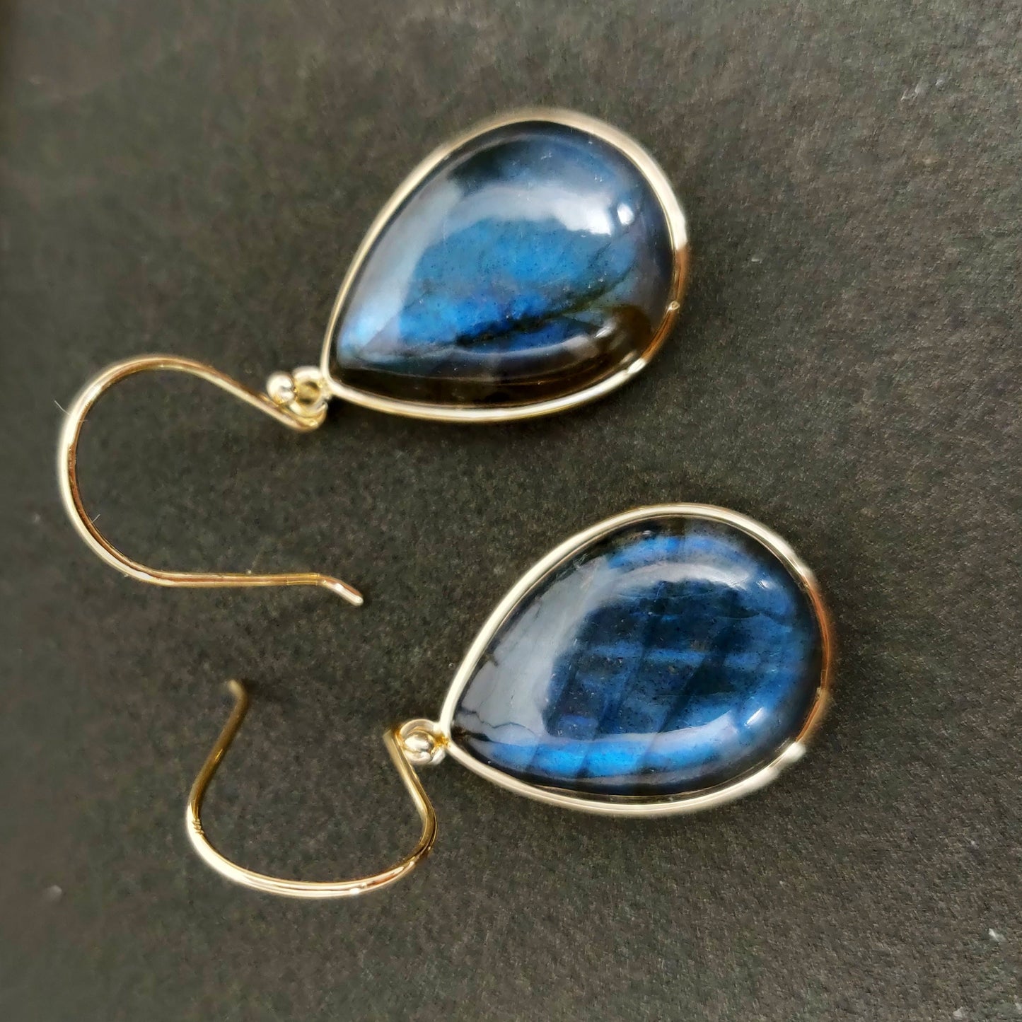 Labradorite 14k Solid Gold Earring , Natural Blue Labradorite Yellow Gold Earring, August Birthstone Earring, Bezel Earring, Christmas Gift