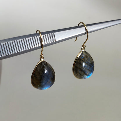 Labradorite 14k Solid Gold Earring , Natural Blue Labradorite Yellow Gold Earring, August Birthstone Earring, Bezel Earring, Christmas Gift