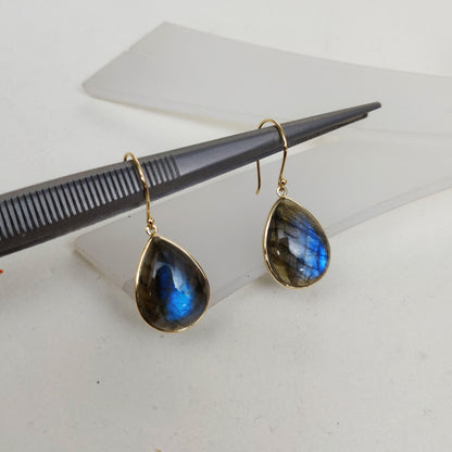 Labradorite 14k Solid Gold Earring , Natural Blue Labradorite Yellow Gold Earring, August Birthstone Earring, Bezel Earring, Christmas Gift