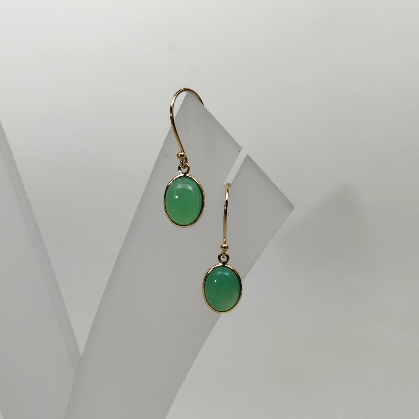 14K Gold Chrysoprase Earrings, Natural Chrysoprase  Bezel Earrings, 14K Solid Yellow Gold Earrings, June Birthstone, Drop Earrings