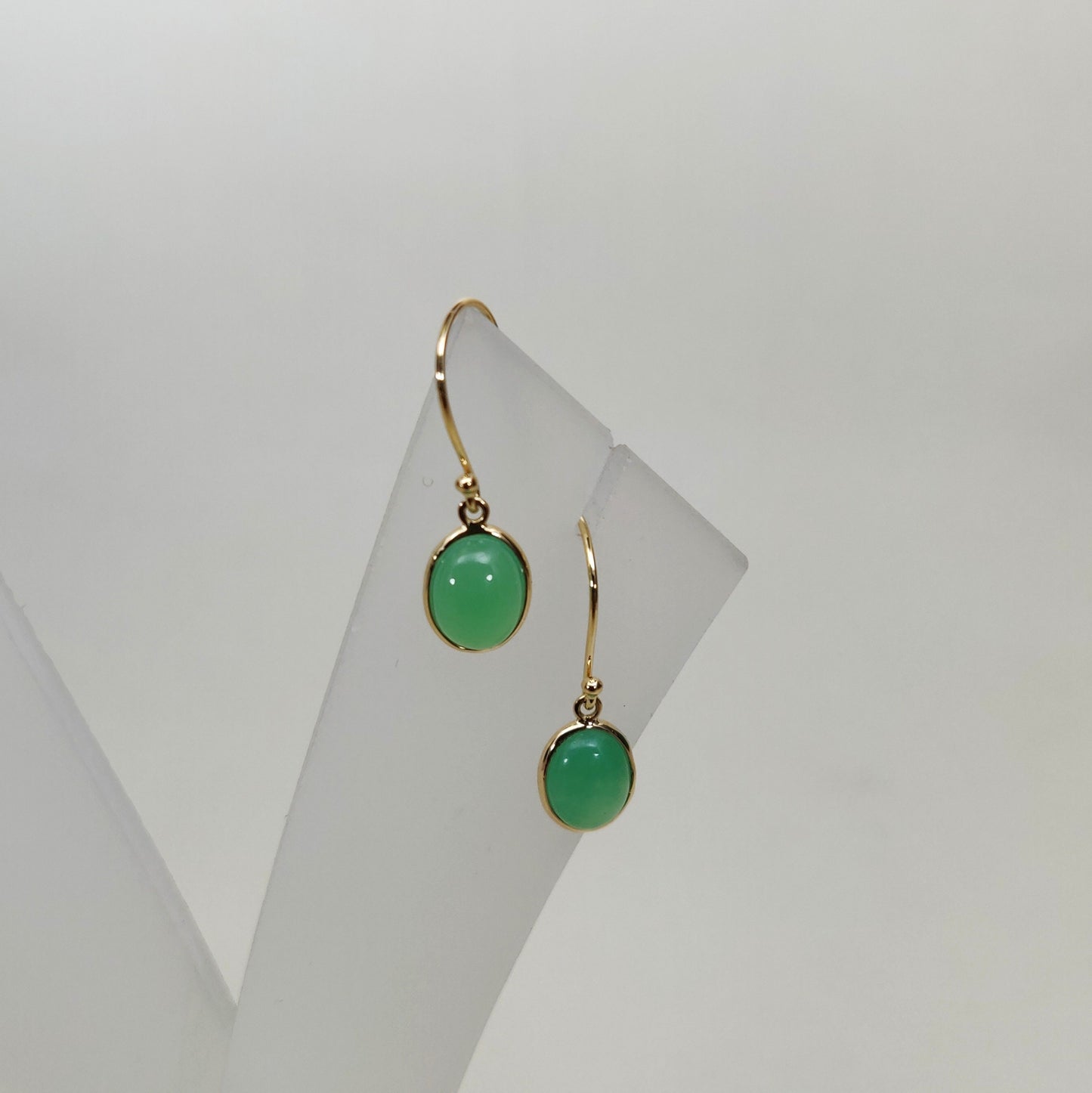 14K Gold Chrysoprase Earrings, Natural Chrysoprase  Bezel Earrings, 14K Solid Yellow Gold Earrings, June Birthstone, Drop Earrings