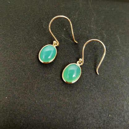 14K Gold Chrysoprase Earrings, Natural Chrysoprase  Bezel Earrings, 14K Solid Yellow Gold Earrings, June Birthstone, Drop Earrings