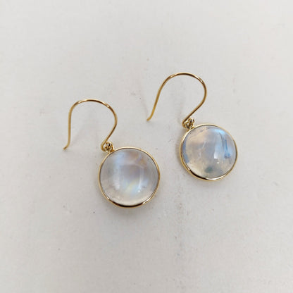 14K Gold Rainbow Moonstone Earrings, Natural Rainbow Moonstone Bezel Earrings, 14K Solid Yellow Gold Moonstone Earrings, June Birthstone