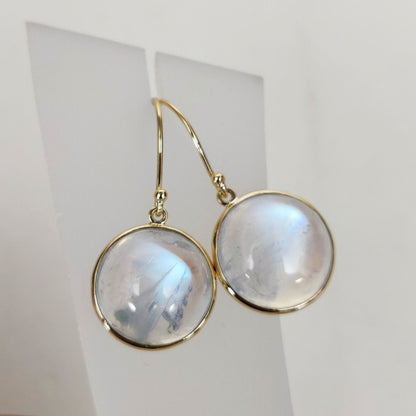 14K Gold Rainbow Moonstone Earrings, Natural Rainbow Moonstone Bezel Earrings, 14K Solid Yellow Gold Moonstone Earrings, June Birthstone