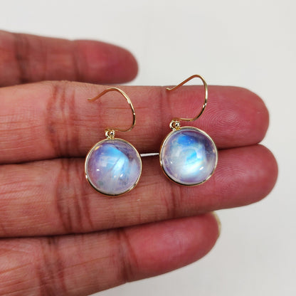 14K Gold Rainbow Moonstone Earrings, Natural Rainbow Moonstone Bezel Earrings, 14K Solid Yellow Gold Moonstone Earrings, June Birthstone