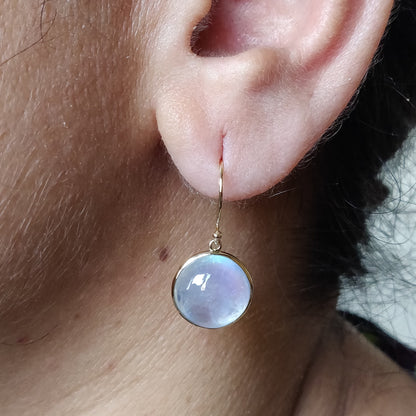 14K Gold Rainbow Moonstone Earrings, Natural Rainbow Moonstone Bezel Earrings, 14K Solid Yellow Gold Moonstone Earrings, June Birthstone