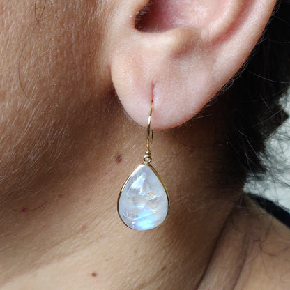 Rainbow Moonstone 14k Solid Gold Earrings ,14K Yellow Gold Natural Blue Rainbow Moonstone Earrings , June Birthstone, Moonstone Jewelry