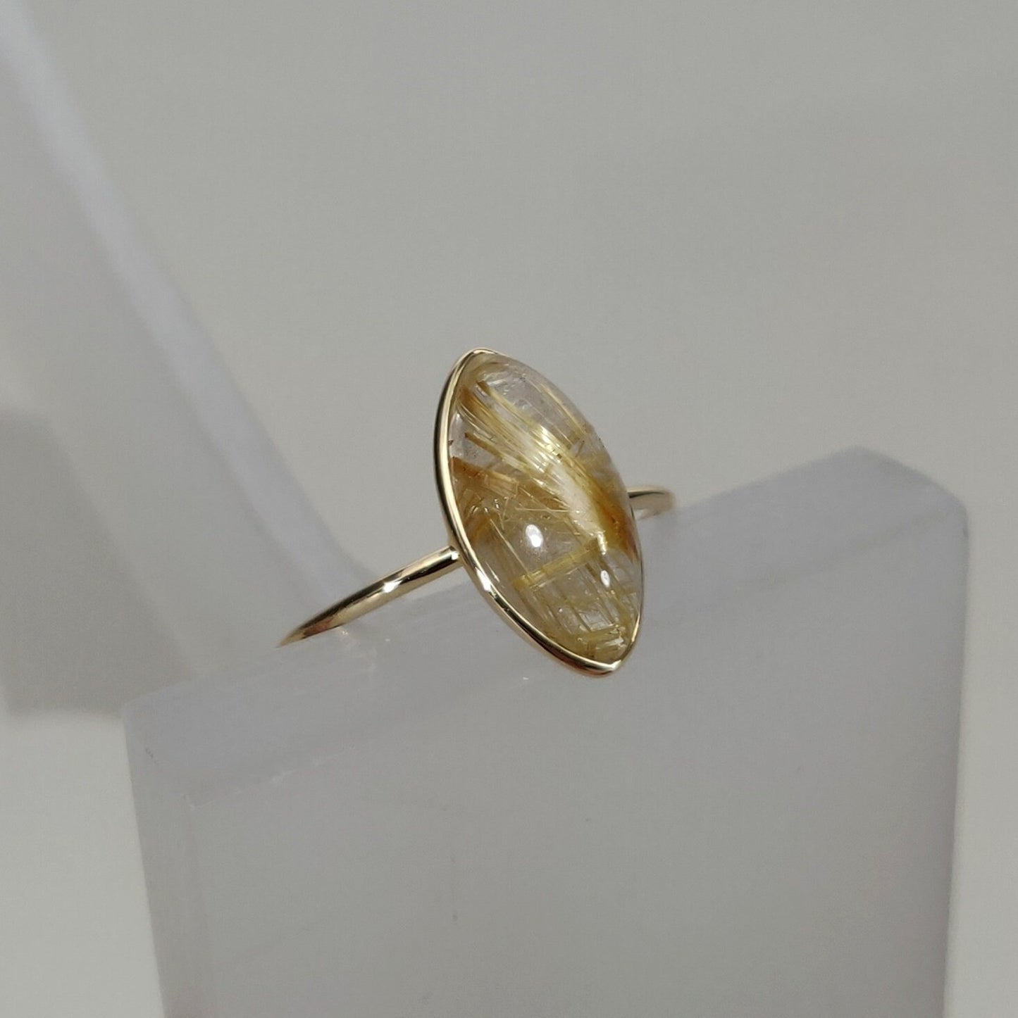 Natural Golden Rutile Ring, 14K Solid Yellow Gold Golden Rutile Ring, April Birthstone Ring, Bezel Ring, Marquoise Ring, Anniversary Present