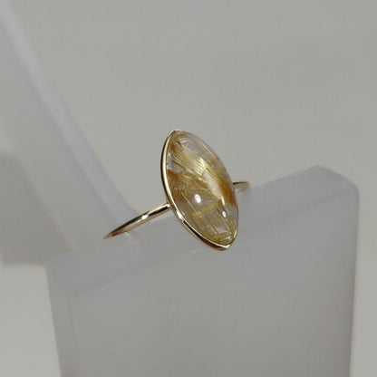 Natural Golden Rutile Ring, 14K Solid Yellow Gold Golden Rutile Ring, April Birthstone Ring, Bezel Ring, Marquoise Ring, Anniversary Present