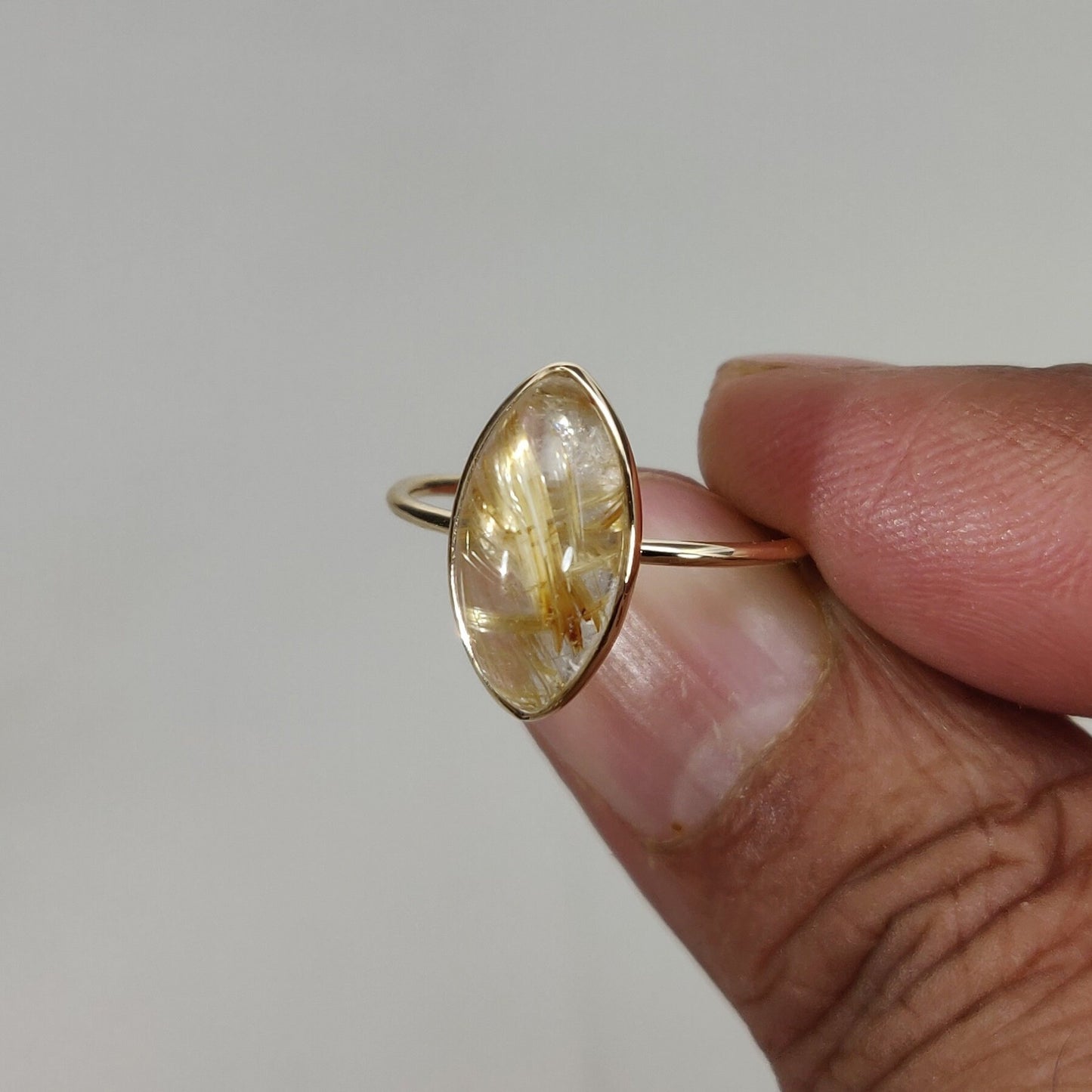 Natural Golden Rutile Ring, 14K Solid Yellow Gold Golden Rutile Ring, April Birthstone Ring, Bezel Ring, Marquoise Ring, Anniversary Present