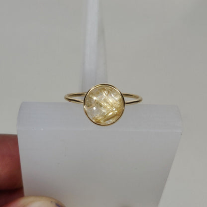 Natural Golden Rutile Ring, 14K Solid Yellow Gold Golden Rutile Ring, April Birthstone Ring, Bezel Ring, Round Ring, Anniversary Present