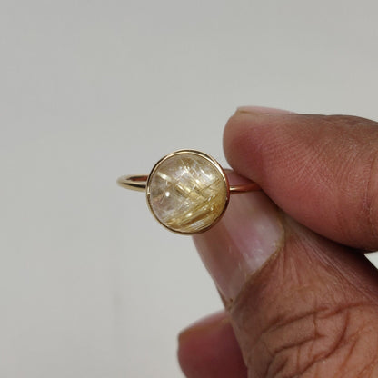 Natural Golden Rutile Ring, 14K Solid Yellow Gold Golden Rutile Ring, April Birthstone Ring, Bezel Ring, Round Ring, Anniversary Present