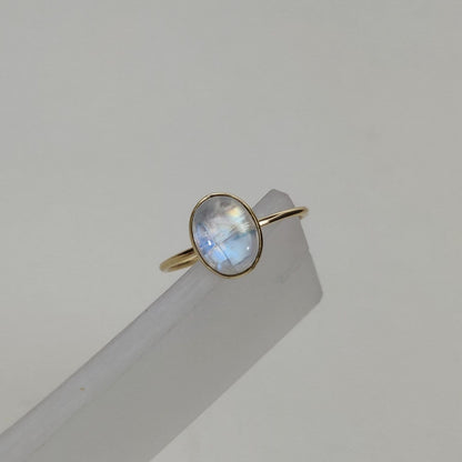 Natural Rainbow Moonstone Ring, 14K Solid Yellow Blue Moonstone Gold Ring, June Birthstone Ring, Bezel Ring, Oval Ring, Christmas Present