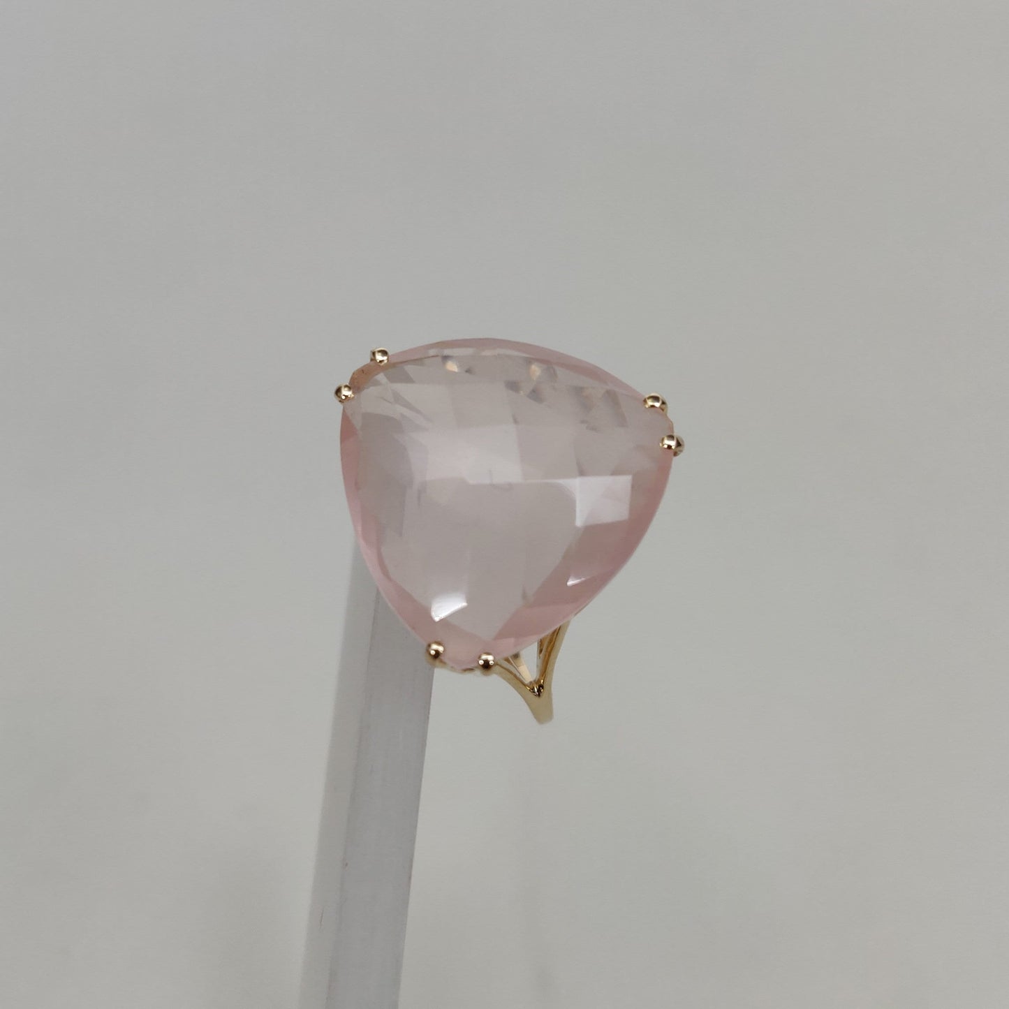 Natural Rose Quartz Ring, 14K Solid Yellow Gold Rose Quartz Ring, January Birthstone Ring, Prong Ring, Trillion Ring, Anniversary Present