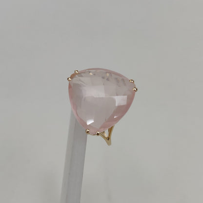 Natural Rose Quartz Ring, 14K Solid Yellow Gold Rose Quartz Ring, January Birthstone Ring, Prong Ring, Trillion Ring, Anniversary Present