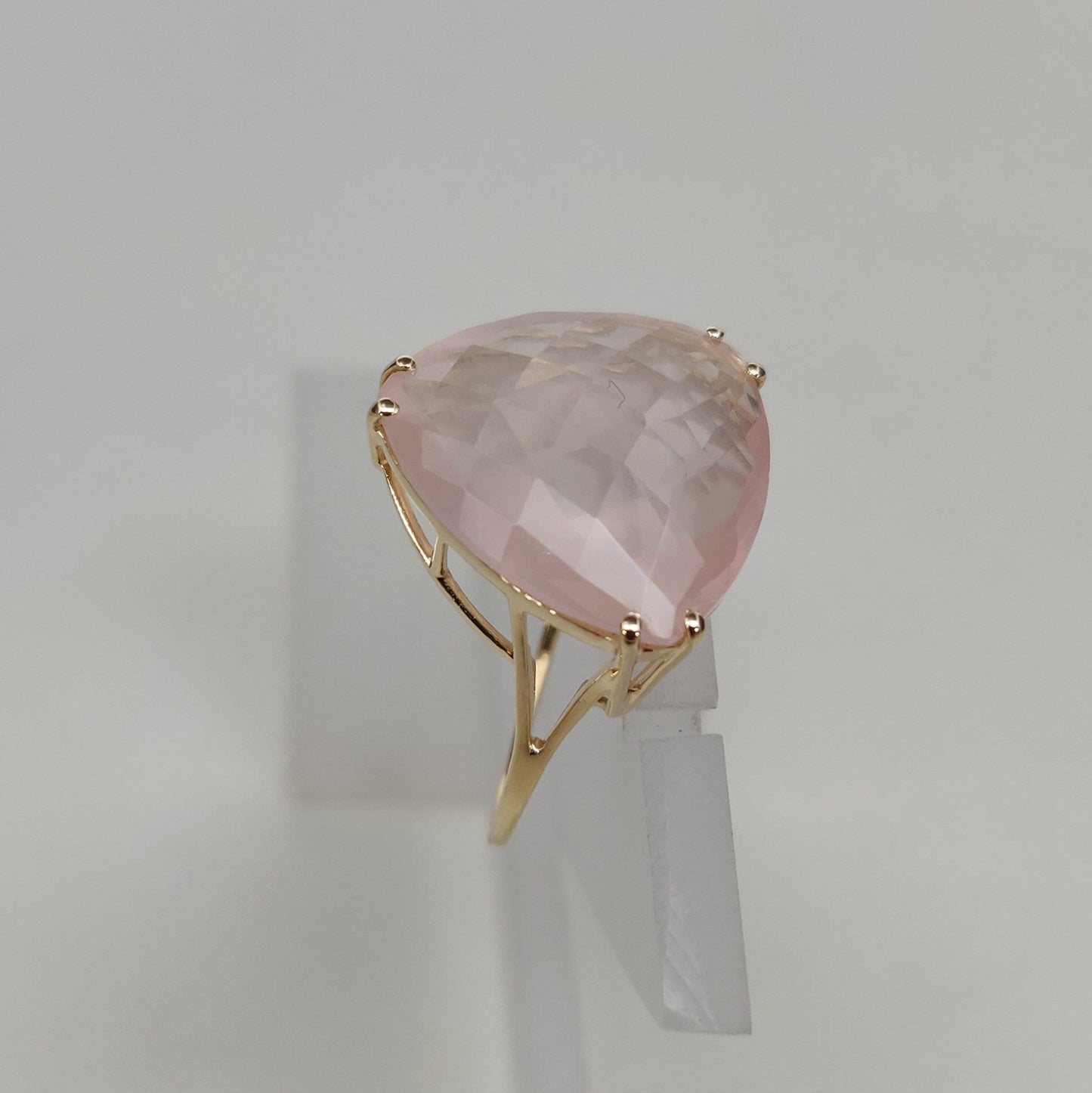 Natural Rose Quartz Ring, 14K Solid Yellow Gold Rose Quartz Ring, January Birthstone Ring, Prong Ring, Trillion Ring, Anniversary Present