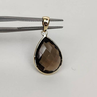 Natural Smoky Quartz Pendant, 14K Solid Yellow Gold Smoky Quartz Pendant, Solid Gold Pear Bezel Pendant, June Birthstone, Christmas Gift