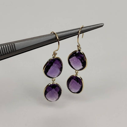 14K Gold Purple Amethyst Earring, Natural Purple Amethyst Bezel Earring, 14K Solid Yellow Gold Earring, February Birthstone, Christmas Gift