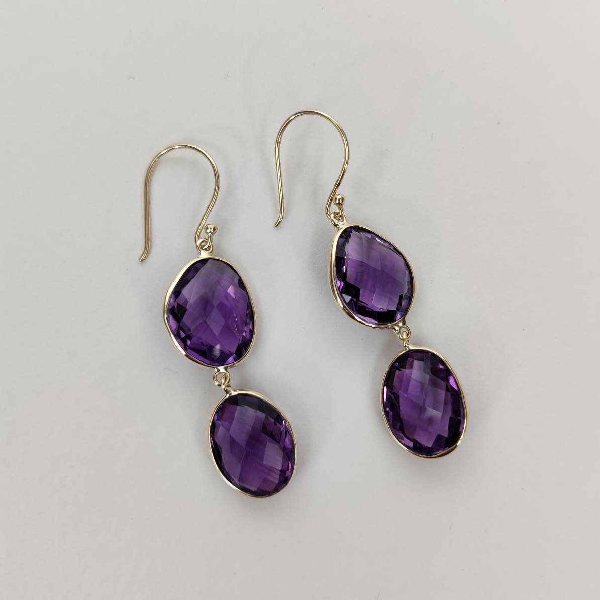 14K Gold Purple Amethyst Earring, Natural Purple Amethyst Bezel Earring, 14K Solid Yellow Gold Earring, February Birthstone, Christmas Gift