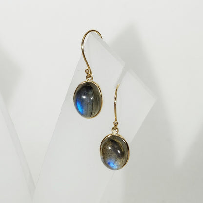 14K Gold Labradorite Earrings, Natural Labradorite Bezel Earrings, 14K Solid Yellow Gold Earrings, November Birthstone, Drop Earrings