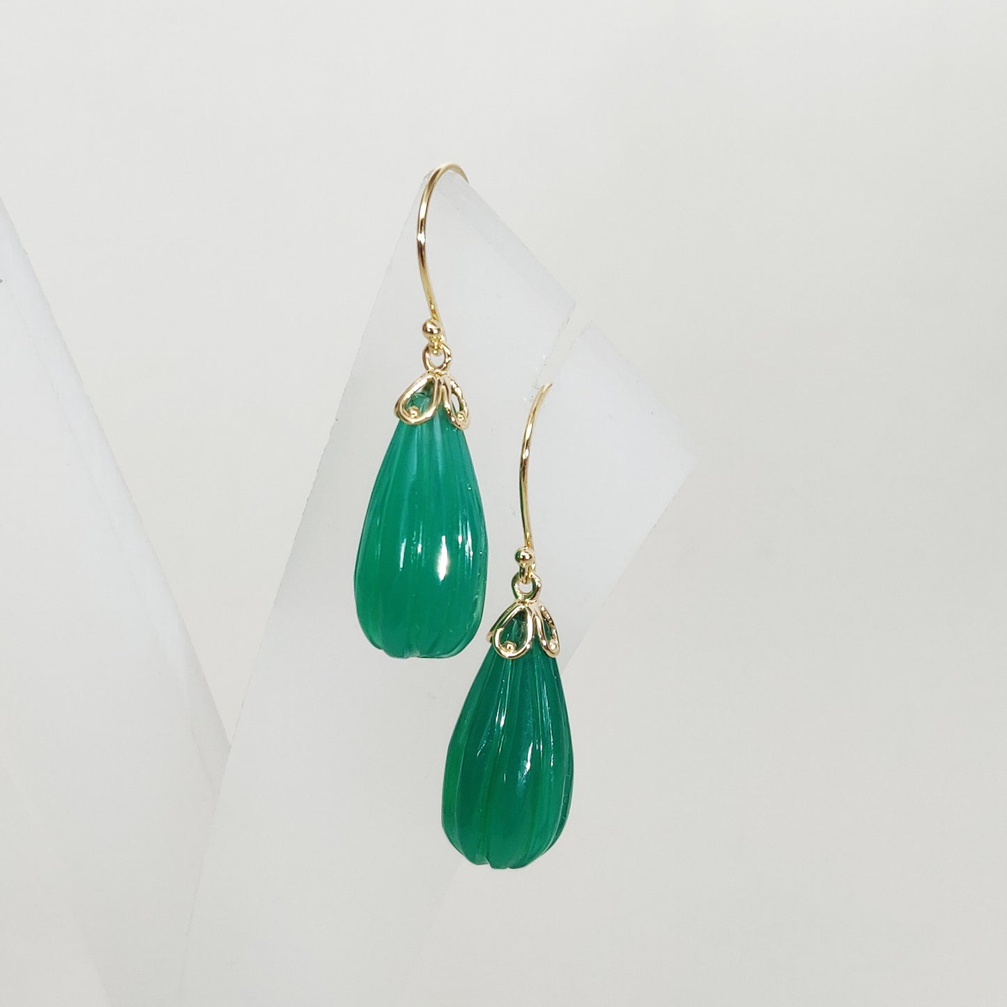 14K Gold Green Onyx Earrings, Natural Green Onyx Fancy Earrings, 14K Solid Yellow Gold Onyx Earrings, May Birthstone, Drop Earrings