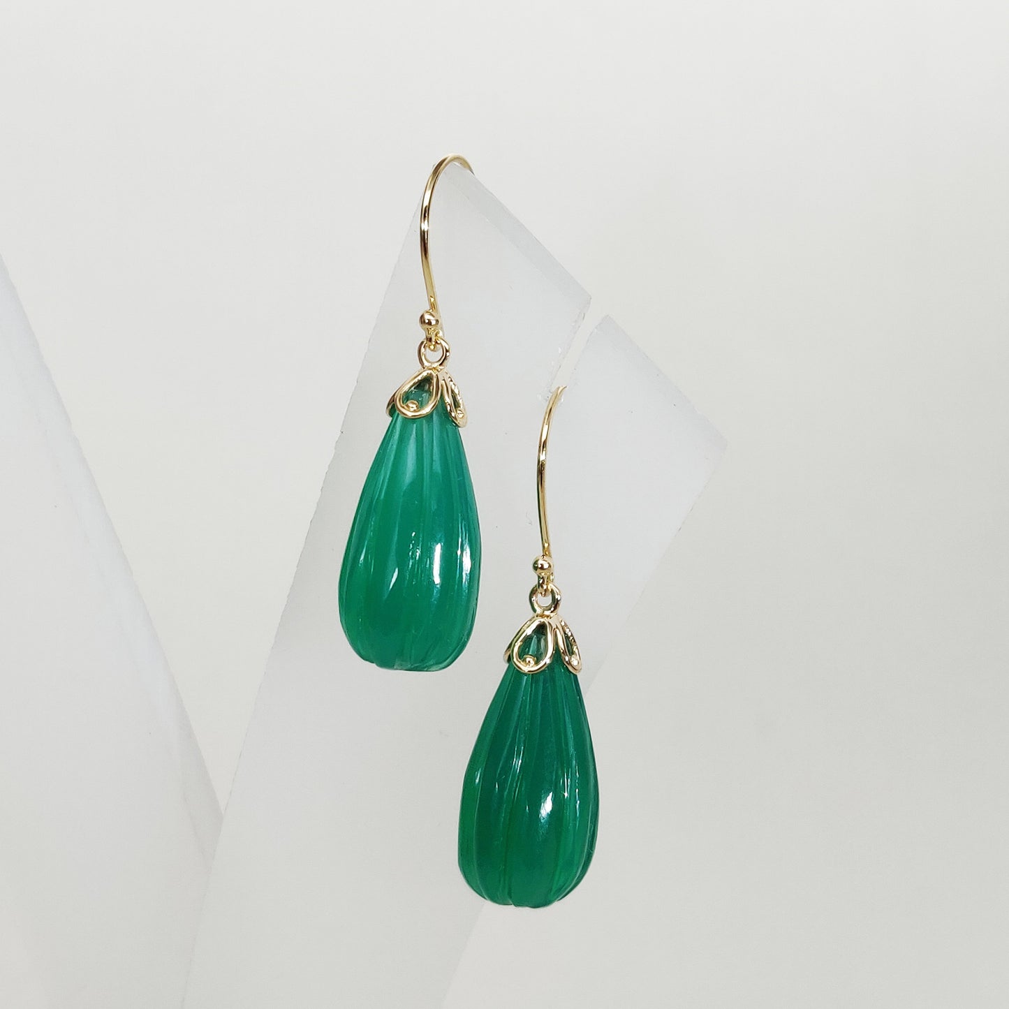 14K Gold Green Onyx Earrings, Natural Green Onyx Fancy Earrings, 14K Solid Yellow Gold Onyx Earrings, May Birthstone, Drop Earrings