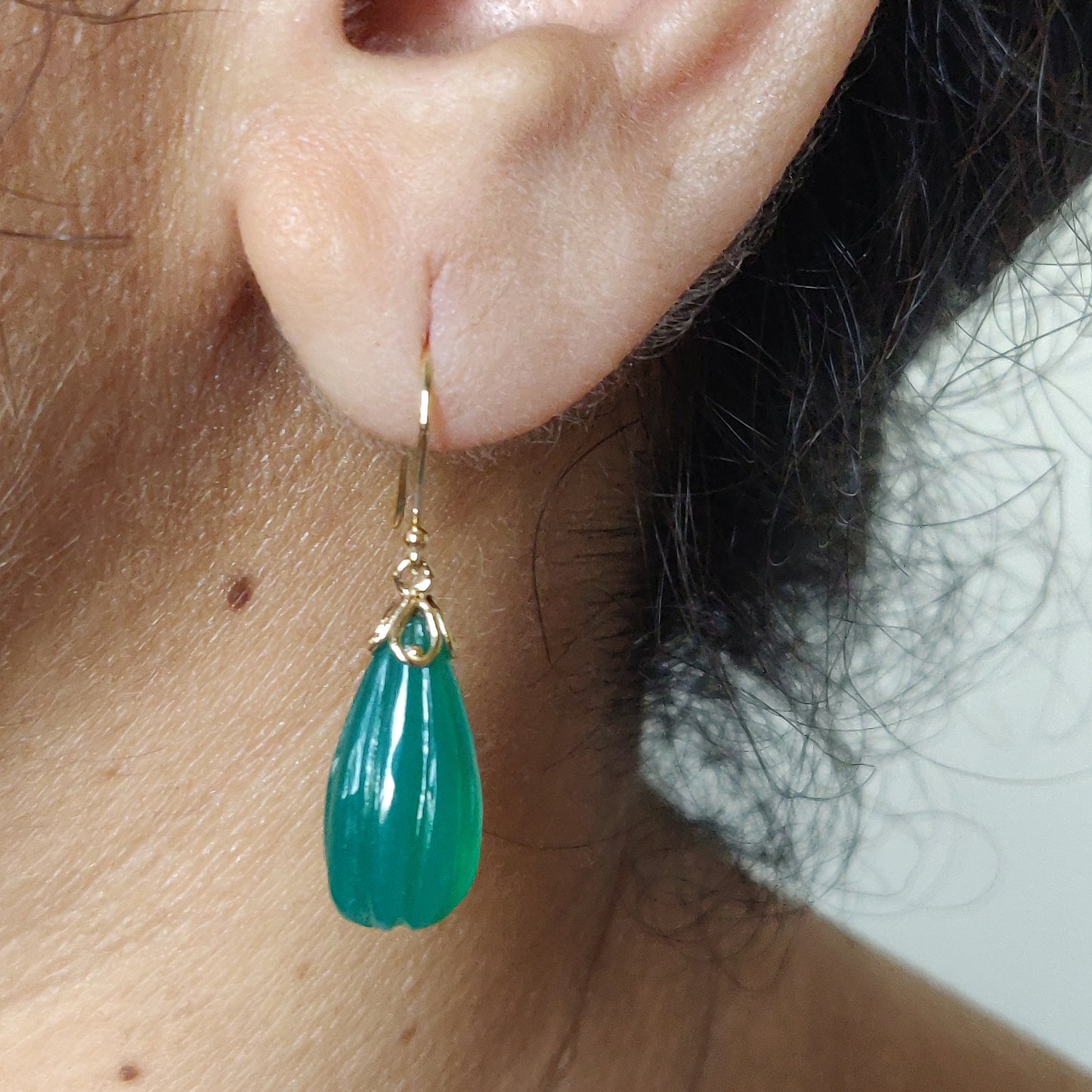 14K Gold Green Onyx Earrings, Natural Green Onyx Fancy Earrings, 14K Solid Yellow Gold Onyx Earrings, May Birthstone, Drop Earrings