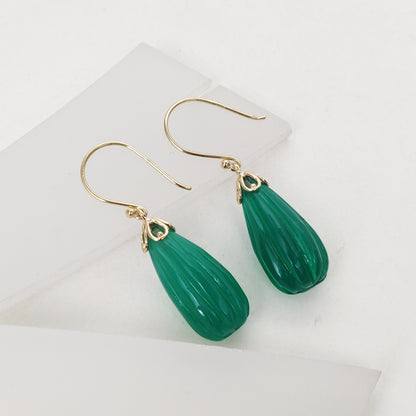 14K Gold Green Onyx Earrings, Natural Green Onyx Fancy Earrings, 14K Solid Yellow Gold Onyx Earrings, May Birthstone, Drop Earrings