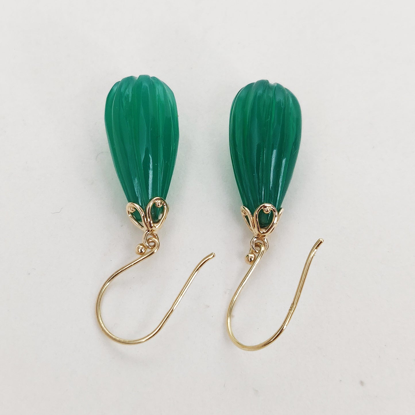 14K Gold Green Onyx Earrings, Natural Green Onyx Fancy Earrings, 14K Solid Yellow Gold Onyx Earrings, May Birthstone, Drop Earrings