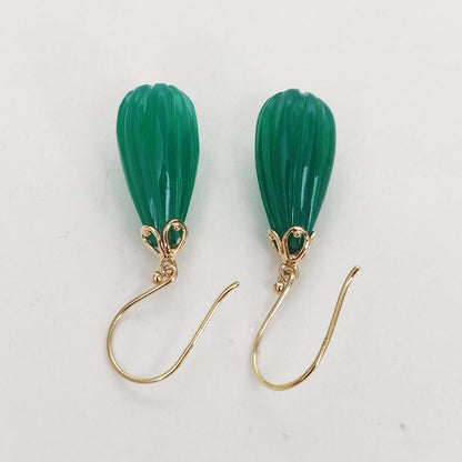 14K Gold Green Onyx Earrings, Natural Green Onyx Fancy Earrings, 14K Solid Yellow Gold Onyx Earrings, May Birthstone, Drop Earrings