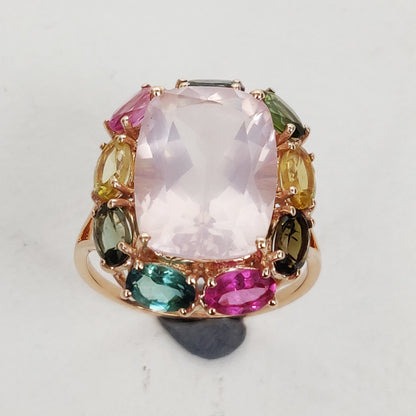 Natural Rose Quartz Ring, 14K Solid Yellow Gold Rose Quartz With Multi Tourmaline Ring, January Birthstone Ring, Prong Ring, Oval Ring,