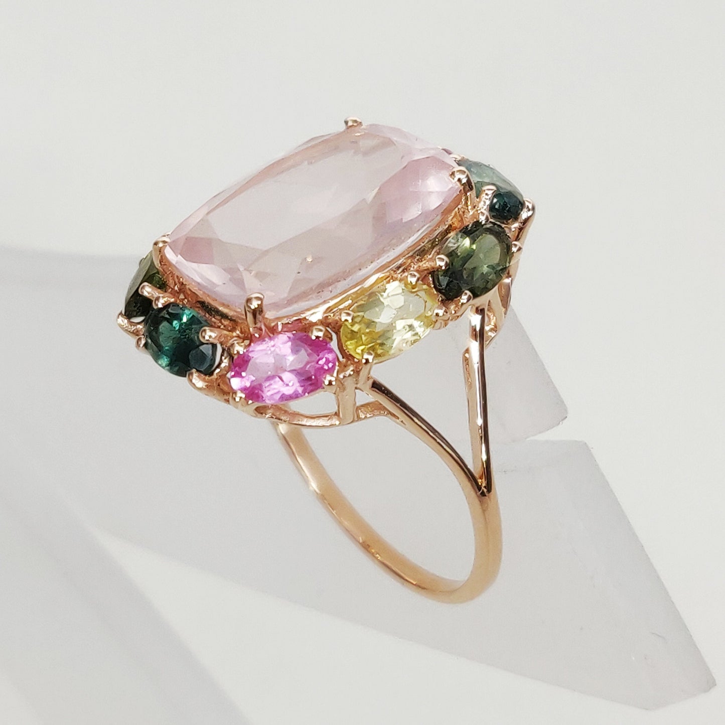 Natural Rose Quartz Ring, 14K Solid Yellow Gold Rose Quartz With Multi Tourmaline Ring, January Birthstone Ring, Prong Ring, Oval Ring,