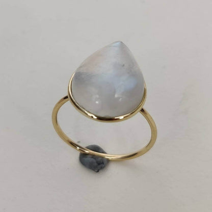 Natural Rainbow Moonstone Ring, 14K Solid Yellow Gold Blue Moonstone Ring, June Birthstone Ring, Bezel Ring, Pear Ring, Anniversary Present