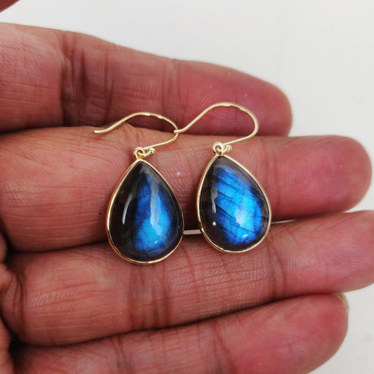 Labradorite 14k Solid Gold Earring , Natural Blue Labradorite Yellow Gold Earring, August Birthstone Earring, Bezel Earring, Christmas Gift