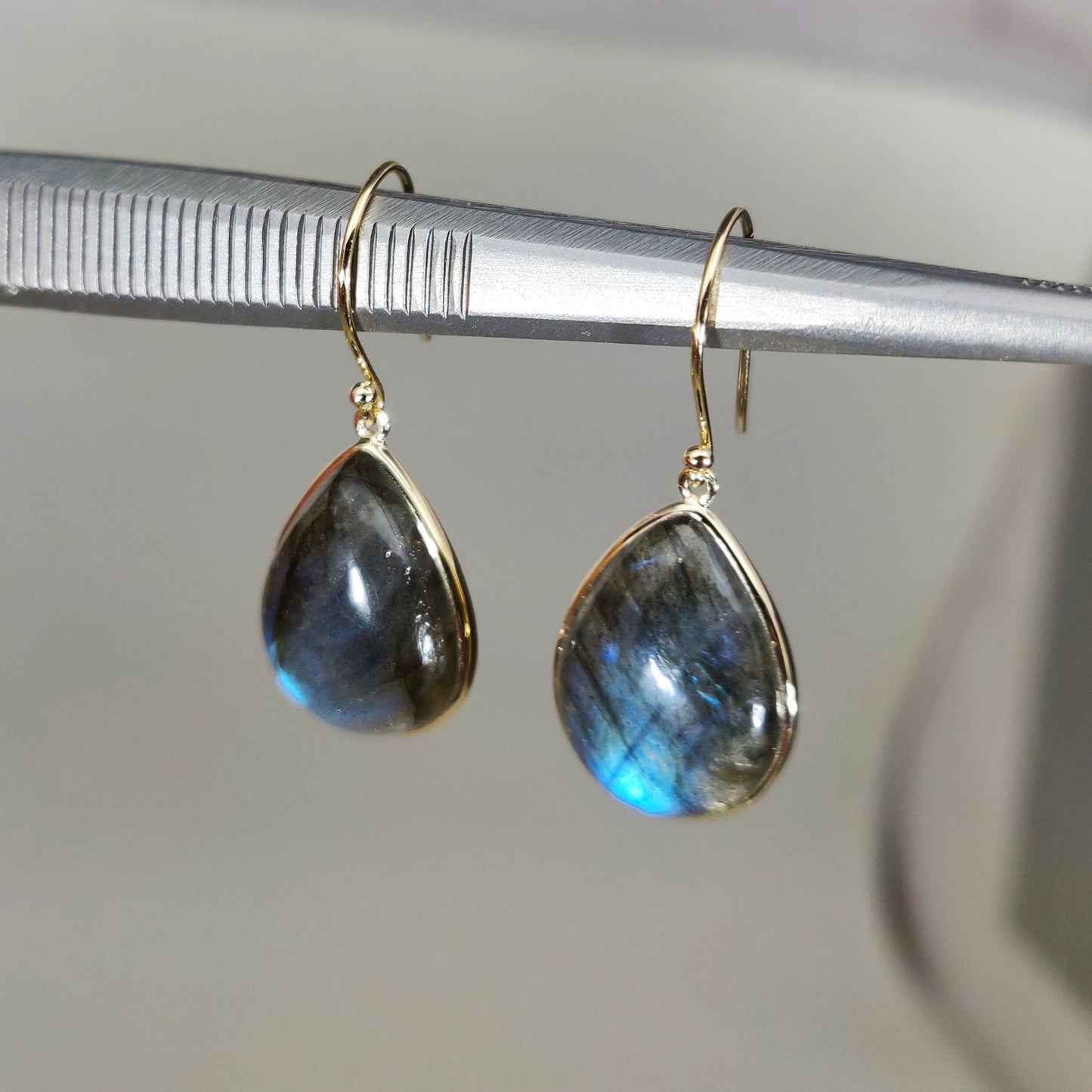 Labradorite 14k Solid Gold Earring , Natural Blue Labradorite Yellow Gold Earring, August Birthstone Earring, Bezel Earring, Christmas Gift