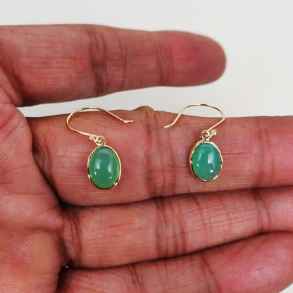 14K Gold Chrysoprase Earrings, Natural Chrysoprase  Bezel Earrings, 14K Solid Yellow Gold Earrings, June Birthstone, Drop Earrings