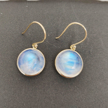 14K Gold Rainbow Moonstone Earrings, Natural Rainbow Moonstone Bezel Earrings, 14K Solid Yellow Gold Moonstone Earrings, June Birthstone