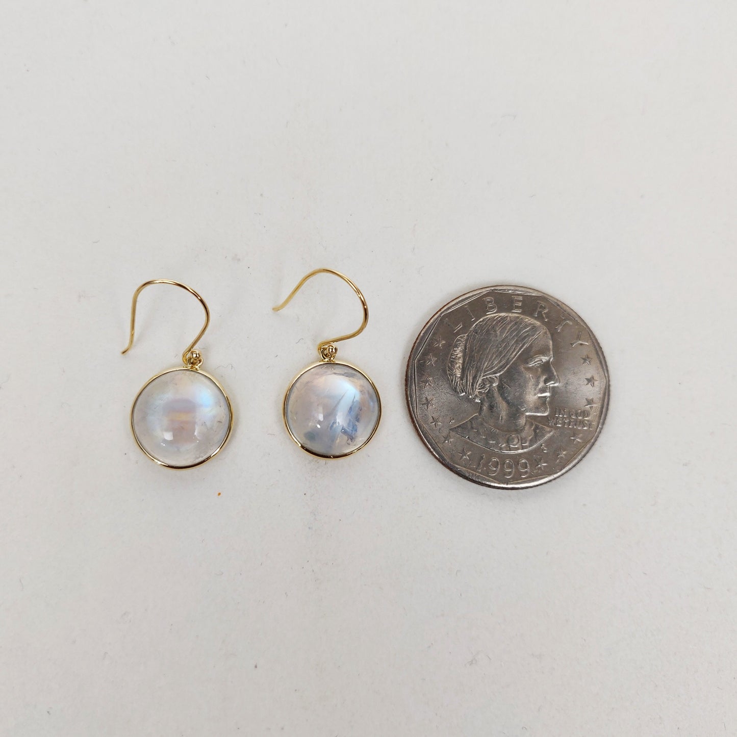 14K Gold Rainbow Moonstone Earrings, Natural Rainbow Moonstone Bezel Earrings, 14K Solid Yellow Gold Moonstone Earrings, June Birthstone