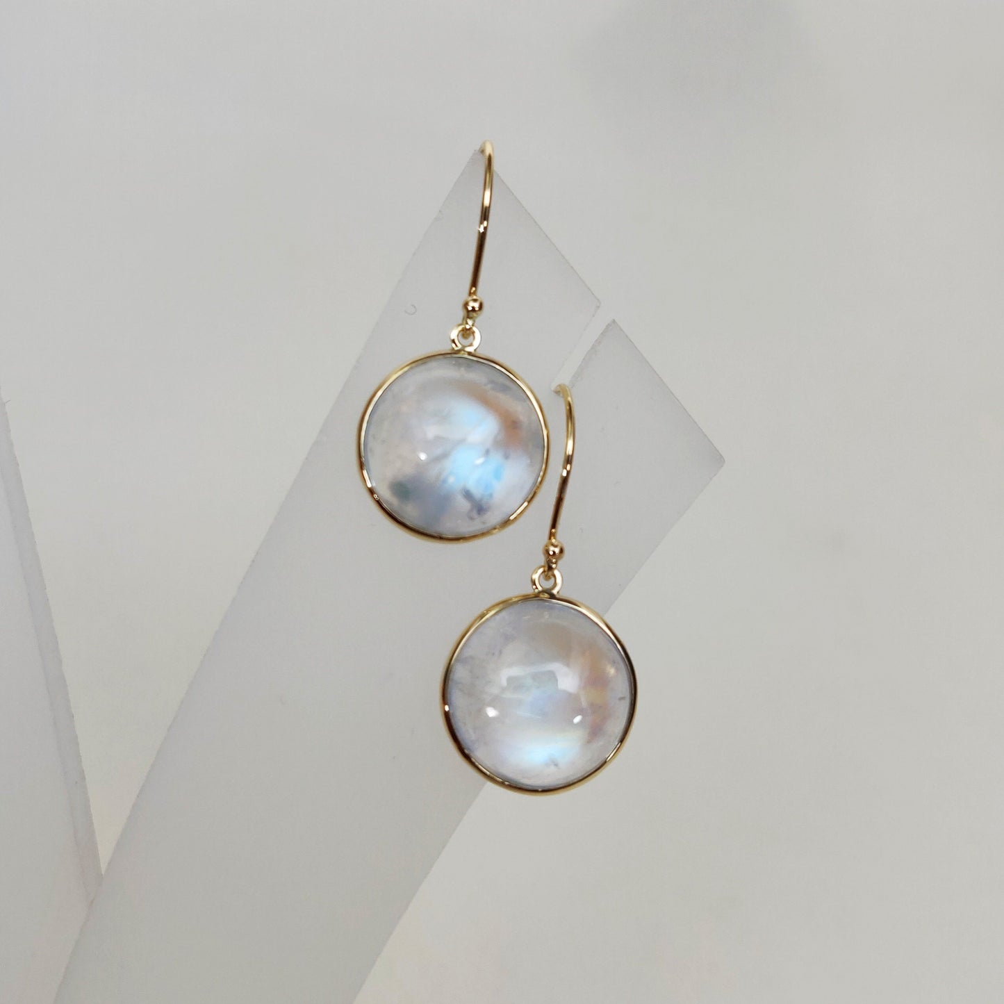 14K Gold Rainbow Moonstone Earrings, Natural Rainbow Moonstone Bezel Earrings, 14K Solid Yellow Gold Moonstone Earrings, June Birthstone