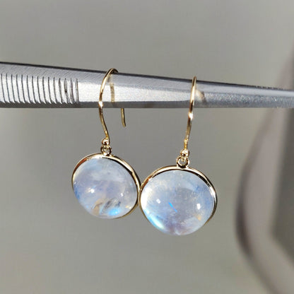 14K Gold Rainbow Moonstone Earrings, Natural Rainbow Moonstone Bezel Earrings, 14K Solid Yellow Gold Moonstone Earrings, June Birthstone