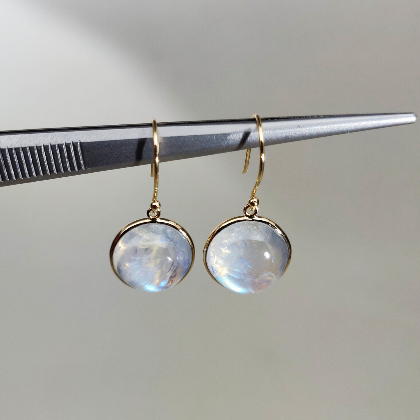 14K Gold Rainbow Moonstone Earrings, Natural Rainbow Moonstone Bezel Earrings, 14K Solid Yellow Gold Moonstone Earrings, June Birthstone